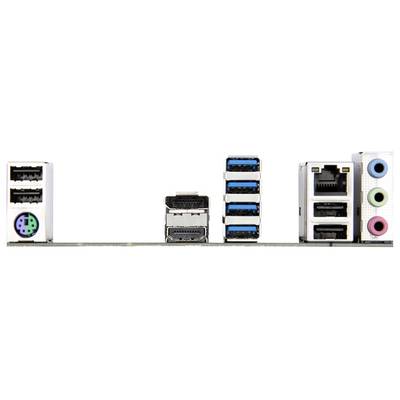 Ein Computer-Mainboard mit verschiedenen Anschlüssen: USB, HDMI, Ethernet und Audio-Buchsen, bereit zur Verbindung mit Peripheriegeräten.