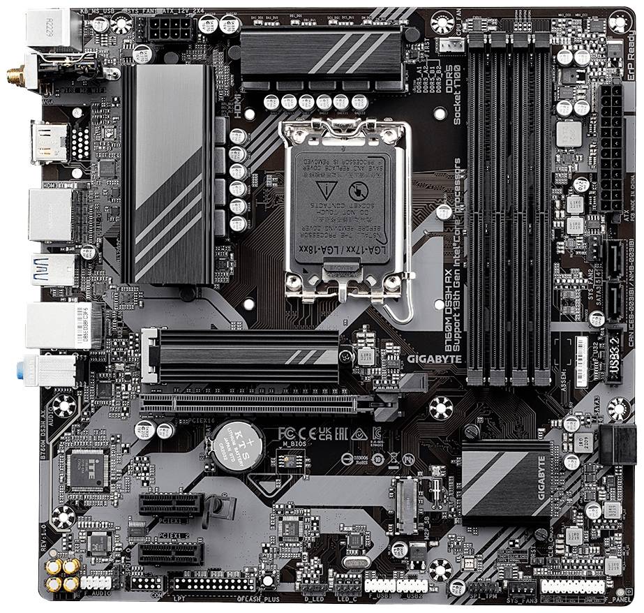 Abgebildet ist eine Computer-Motherboard-Platine mit mehreren Steckplätzen und Anschlüssen für verschiedene Hardware-Komponenten.