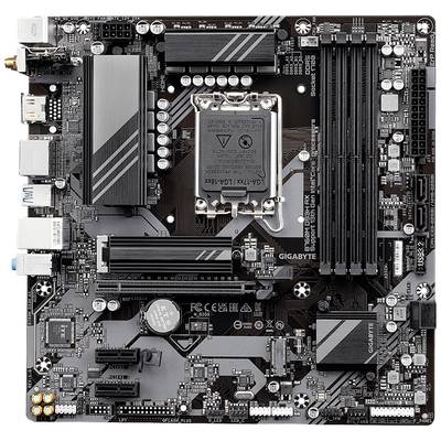 Abgebildet ist eine Computer-Motherboard-Platine mit mehreren Steckplätzen und Anschlüssen für verschiedene Hardware-Komponenten.