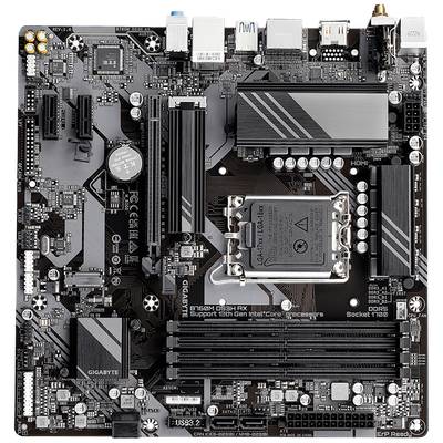Computer-Mainboard mit verschiedenen Steckplätzen, Anschlüssen und einem Sockel für Prozessoren; Modell ist Gigabyte B560M DS3H AX.