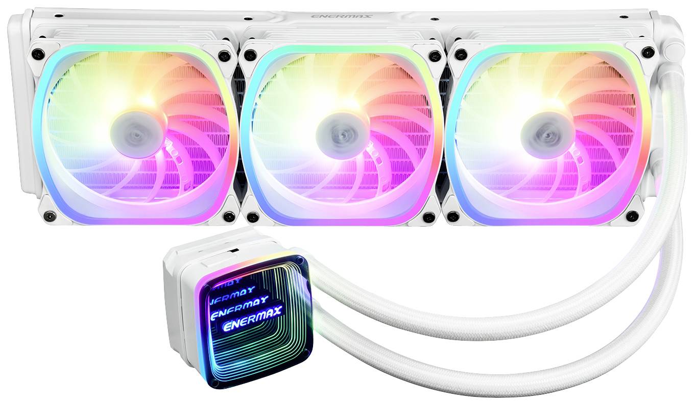 Dreifacher PC-Kühler mit bunten RGB-Lüftern, verbunden mit einem weißen Kühlkörper. Enermax-Logo auf Kühlmodul.