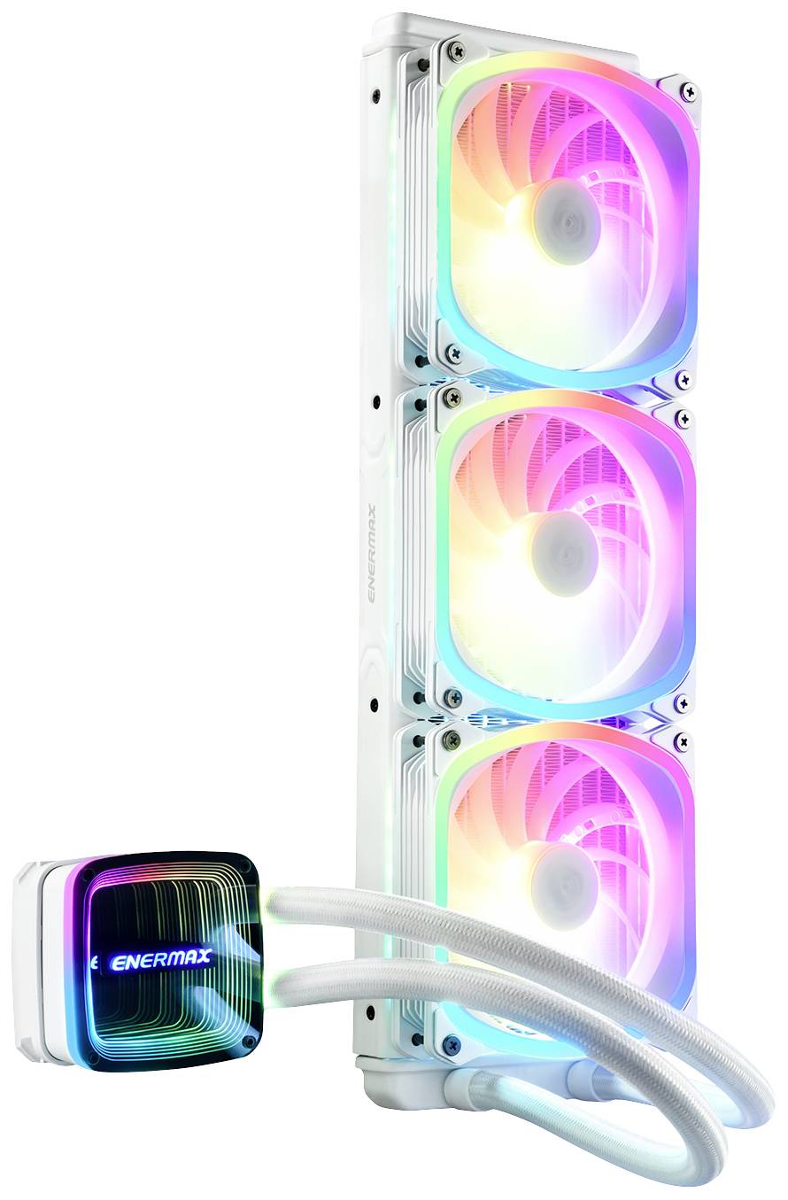 Eine Enermax CPU-Wasserkühlung mit drei RGB-beleuchteten Lüftern und einem Kühlkörper zeigt ein modernes Design für Computer.