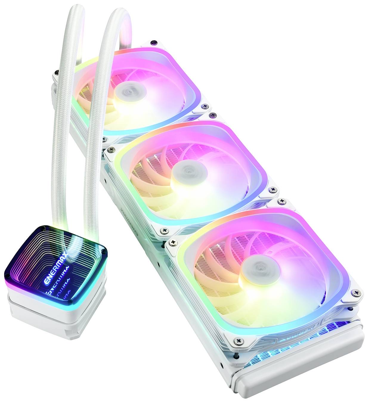 Wasserkühlungssystem mit drei Lüftern in RGB-Beleuchtung und einem markierten Pumpengehäuse.