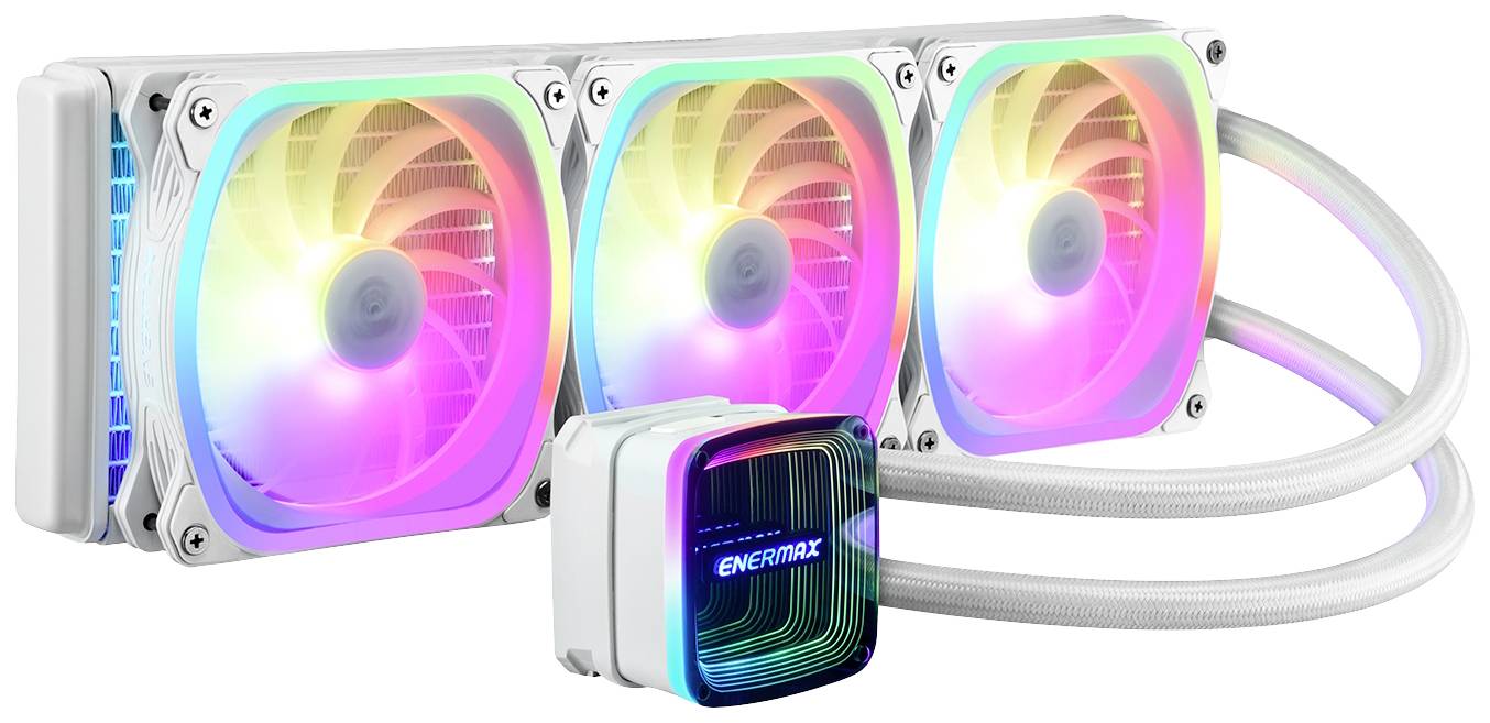 Flüssigkeitskühlsystem mit drei bunten Lüftern und einer Kühlpumpe, geeignet für die PC-Kühlung, Marke 'ENERMAX' deutlich sichtbar.