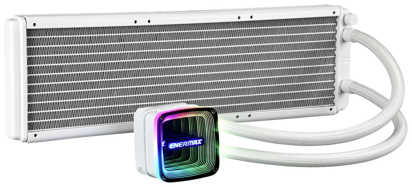Flüssigkeitskühler Enermax mit weißem Radiator und beleuchtetem quadratischem Pumpengehäuse. Zwei Schläuche verbinden Pumpe und Radiator.