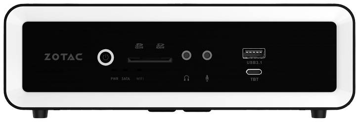 Kompakter Mini-PC der Marke Zotac mit schwarzer Front und Anschlussmöglichkeiten für USB, Kopfhörer und Speicherkarten.