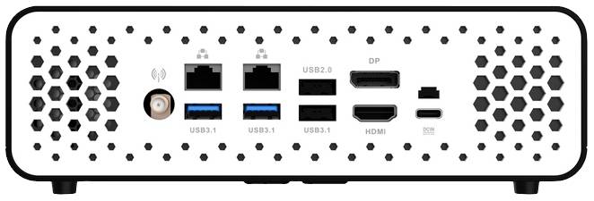 Die Rückseite eines weißen Computergehäuses zeigt Anschlüsse: zwei Ethernet-Ports, USB-Ports, HDMI, DisplayPort und einen Netzanschluss.