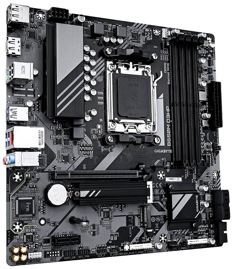 Hauptplatine mit CPU-Sockel, RAM-Steckplätzen und anderen Anschlüssen, geeignet für Computerhardware-Installationen.