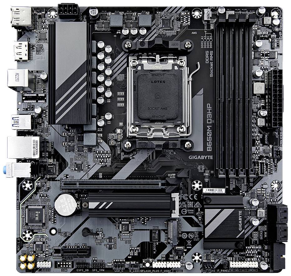 Mainboard der Marke Gigabyte, Modell B660M D3H; zeigt verschiedene Komponenten wie CPU-Sockel, RAM-Steckplätze und Anschlüsse.