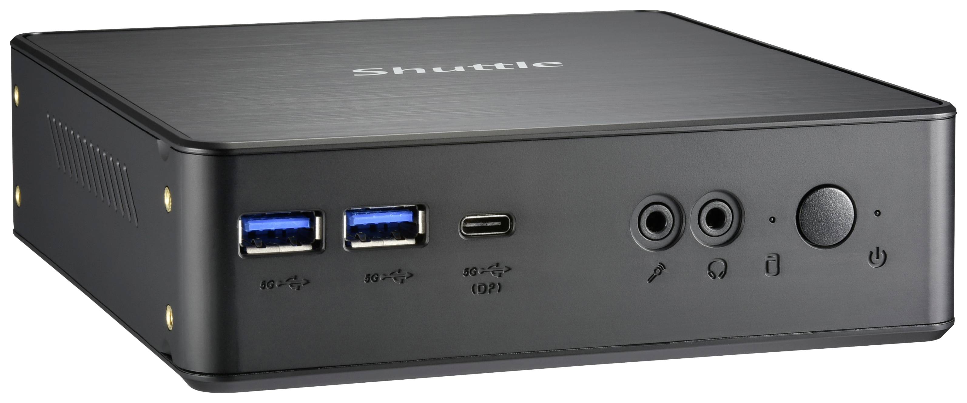Ein kompakter schwarzer Mini-PC mit zwei USB-Anschlüssen, einem USB-C-Anschluss, Audioanschlüssen und einem Power-Knopf an der Vorderseite.