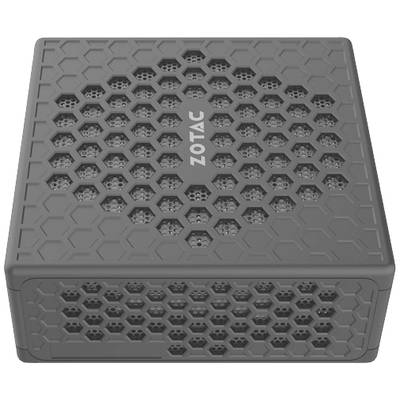 Graues elektronisches Gerät mit sechseckigen Lüftungsschlitzen und dem Logo 'Zotac' oben.