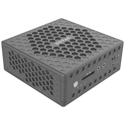 Ein kompakter Computer im quadratischen Gehäuse mit Wabenmuster. Auf der Vorderseite befinden sich Anschlüsse und ein Netzschalter.