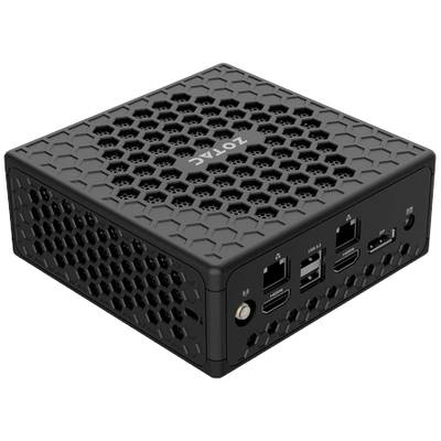 Schwarzer, kompakter Mini-PC mit gelochtem Gehäuse und mehreren Anschlüssen an der Rückseite. Hauptanschlüsse: HDMI, DisplayPort, USB.