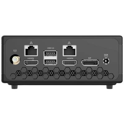 Rückseite eines kompakten Geräts mit Anschlussmöglichkeiten: zwei Ethernet-Ports, vier USB 3.2-Anschlüsse, HDMI, DisplayPort, Netzteilanschluss.