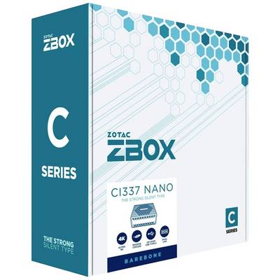 'Verpackung der ZOTAC ZBOX CI337 Nano, C-Serie, mit Beschreibungen über 4K-Kompatibilität, leises Design und Barebone-Konfiguration.'