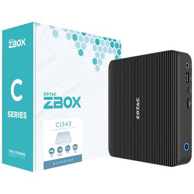 'ZOTAC ZBOX C Series Mini-PC,' zeigt eine Verpackung neben dem Gerät. Der Mini-PC hat ein geripptes, schwarzes Gehäuse.