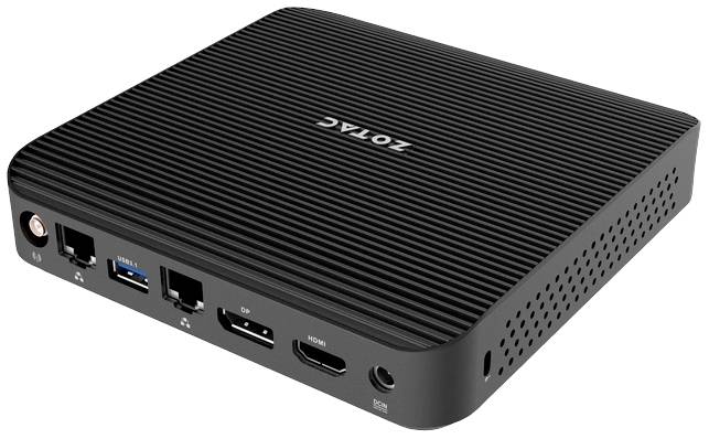 Ein schwarzer, rechteckiger Mini-PC mit mehreren Anschlüssen an der Seite, darunter USB, HDMI und ein Ethernet-Port.