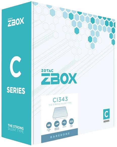 Weiße Verpackung mit blauen Akzenten für einen 'ZOTAC ZBOX CI343'. Text betont 'The Strong Silent Type'. Symbole zeigen 4K-Unterstützung.