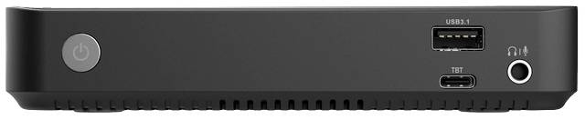 Ein schwarzes Gerät mit einem Ein/Aus-Knopf links und mehreren Anschlüssen, darunter ein USB-Anschluss und ein Kopfhöreranschluss rechts.