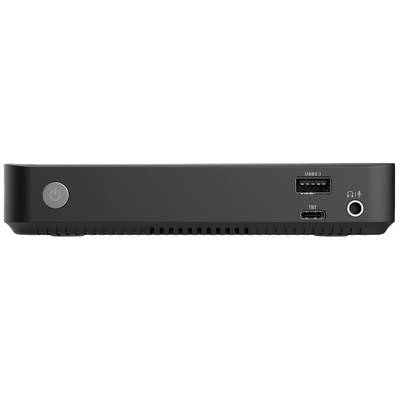Ein schwarzes Gerät mit einem Ein/Aus-Knopf links und mehreren Anschlüssen, darunter ein USB-Anschluss und ein Kopfhöreranschluss rechts.