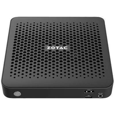 Kompakter schwarzer Mini-PC mit Wabenmuster und 'ZOTAC'-Logo auf der Oberseite. Vorderseite mit USB-Anschluss und Audiobuchse.