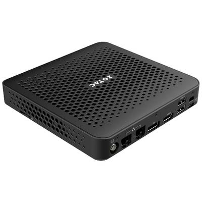 Kompakter schwarzer Mini-PC von Zotac mit Belüftungslöchern und mehreren Anschlüssen auf der Rückseite.