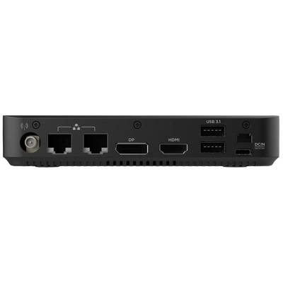 Rückseite eines elektronischen Geräts mit Anschlüssen: zwei Ethernet-Ports, DP, HDMI, zwei USB 3.1-Anschlüsse und ein DCIN-Anschluss.