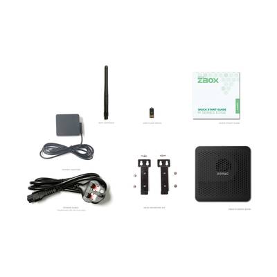 'Inhalt der ZBOX-Verpackung: WLAN-Antenne, USB-Flash-Laufwerk, Schnellstartanleitung, Netzteil, Stromkabel, VESA-Montagekit, ZOTAC-Gerät.'