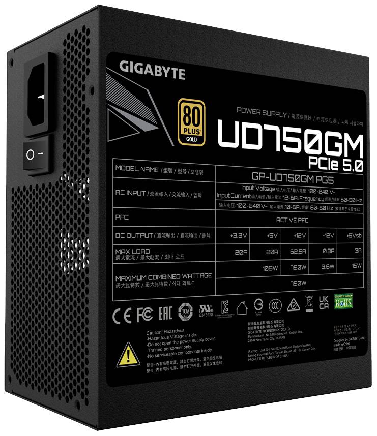 Schwarz-graues Netzteil von GIGABYTE 'UD750GM PCIe 5.0', mit Spezifikationen und Logo '80 PLUS GOLD'. Enthält Anschlussdetails.
