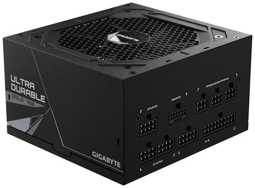 'GIGABYTE Ultra Durable Gold-750W-Netzteil, schwarz mit verschiedenen Anschlussmöglichkeiten, beleuchtetem Lüfter.'