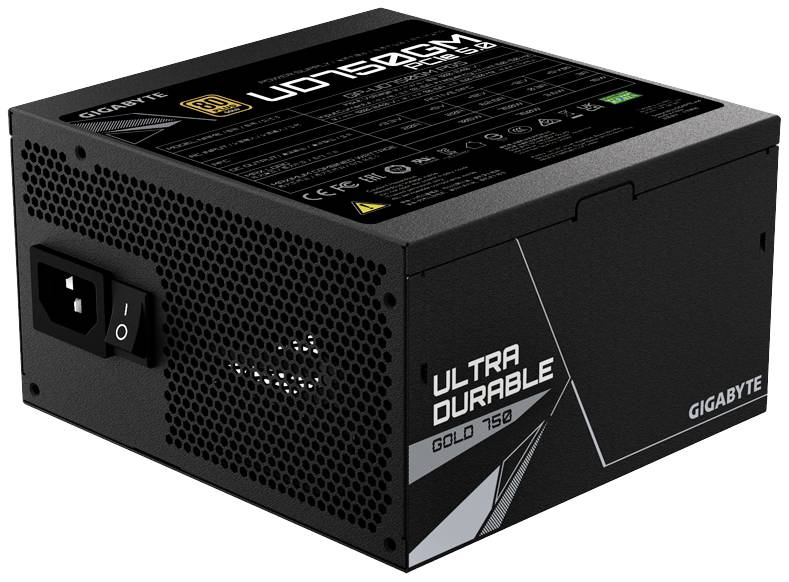 Ein Computernetzteil mit der Aufschrift 'ULTRA DURABLE GOLD 750W' von Gigabyte. Es hat einen Ein-/Ausschalter und diverse technische Informationen oben.