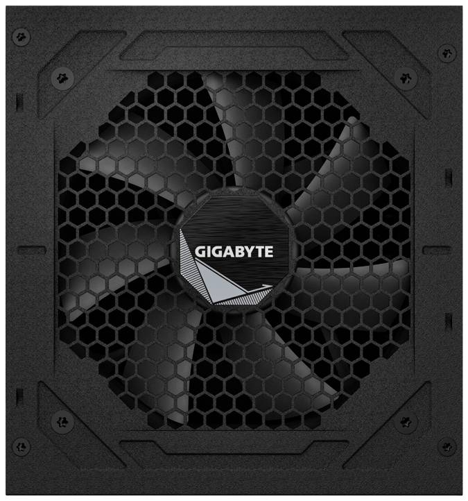 Ein schwarzer Computerlüfter mit dem Logo 'GIGABYTE' in der Mitte, eingebaut in ein rechteckiges Gehäuse mit Wabenstruktur.