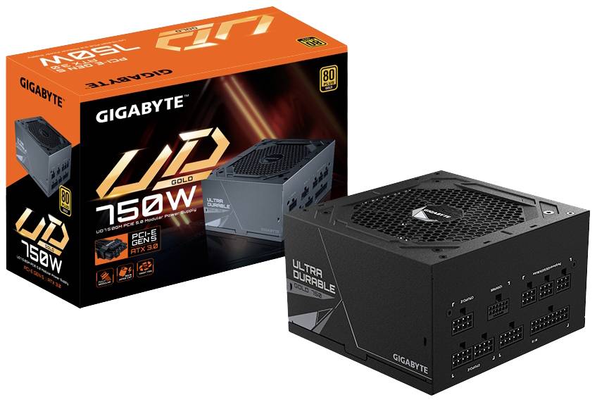 Netzteil GIGABYTE UD 750W, abgebildet mit Verpackung. Enthält PCIe Gen 5, RTX 30-Unterstützung, 80 Plus Gold-Zertifizierung.