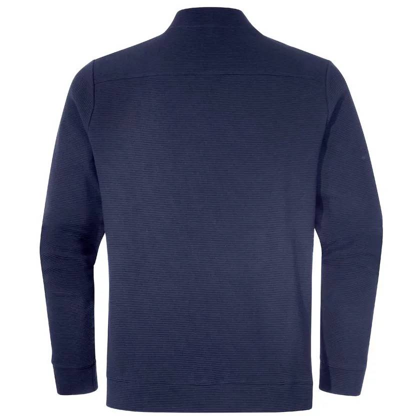 Dunkelblauer Pullover, Rückansicht. Klassischer Schnitt mit langen Ärmeln.