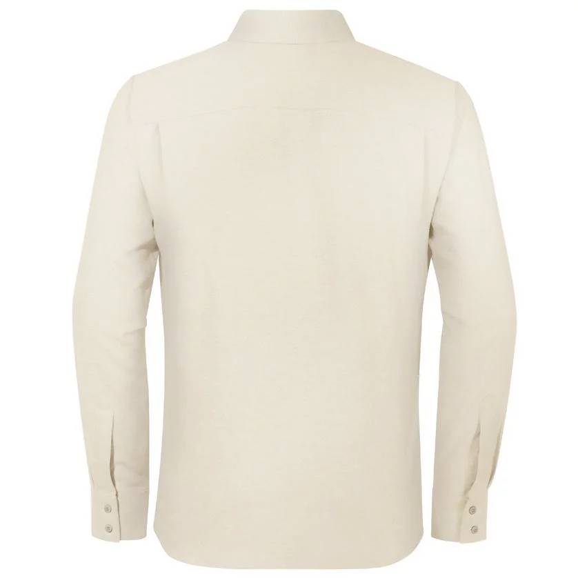 Beige Hemd, Rückansicht mit langen Ärmeln und Knöpfen an den Manschetten, zeigt klassischen, eleganten Stil.