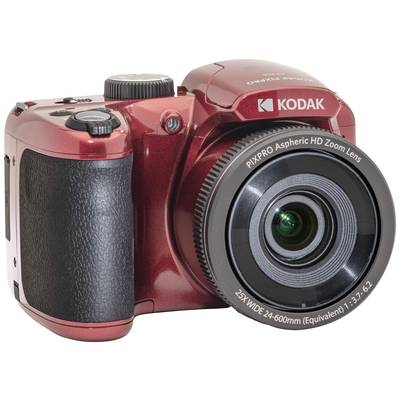 Rote Digitalkamera mit großem Zoomobjektiv und ergonomischem Griff.