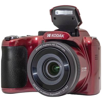 Rote Digitalkamera der Marke Kodak mit offenem Blitz und Zoom-Objektiv, aufgenommen von vorne; geeignet für Fotografie-Enthusiasten.