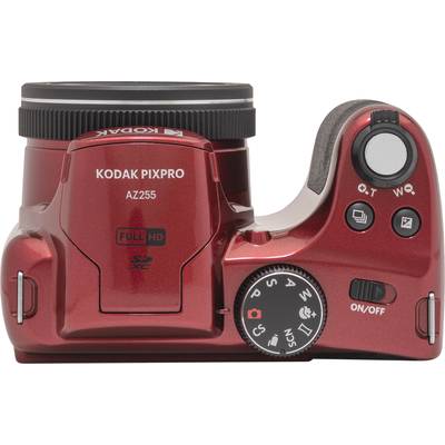 Rote Digitalkamera von oben mit Beschriftung 'KODAK PIXPRO AZ255', Tasten zur Modusschaltung und Einschaltknopf sichtbar.