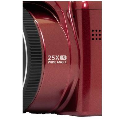 Teil einer roten Kamera mit der Aufschrift '25X IS Wide Angle'.