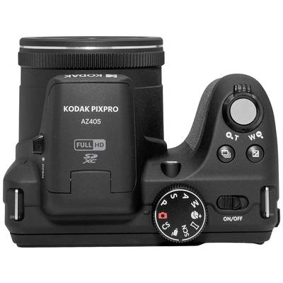 Digitalkamera von oben, Modell 'Kodak Pixpro AZ405'. Sichtbar sind Einstellräder, Zoomhebel und andere Bedientasten.