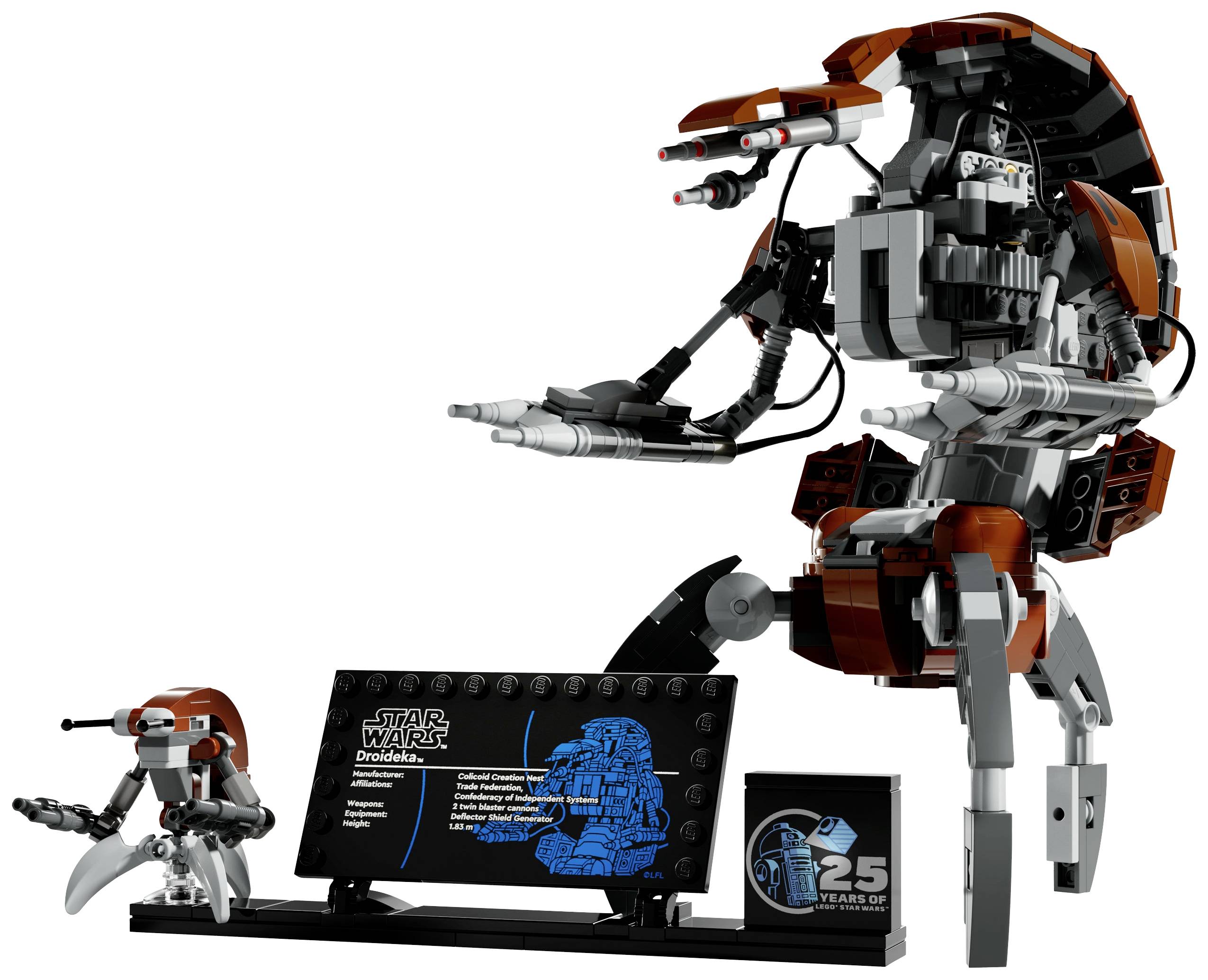 LEGO-Modell eines Star Wars Droideka mit Beschreibungsplakette und Mini-Modell.