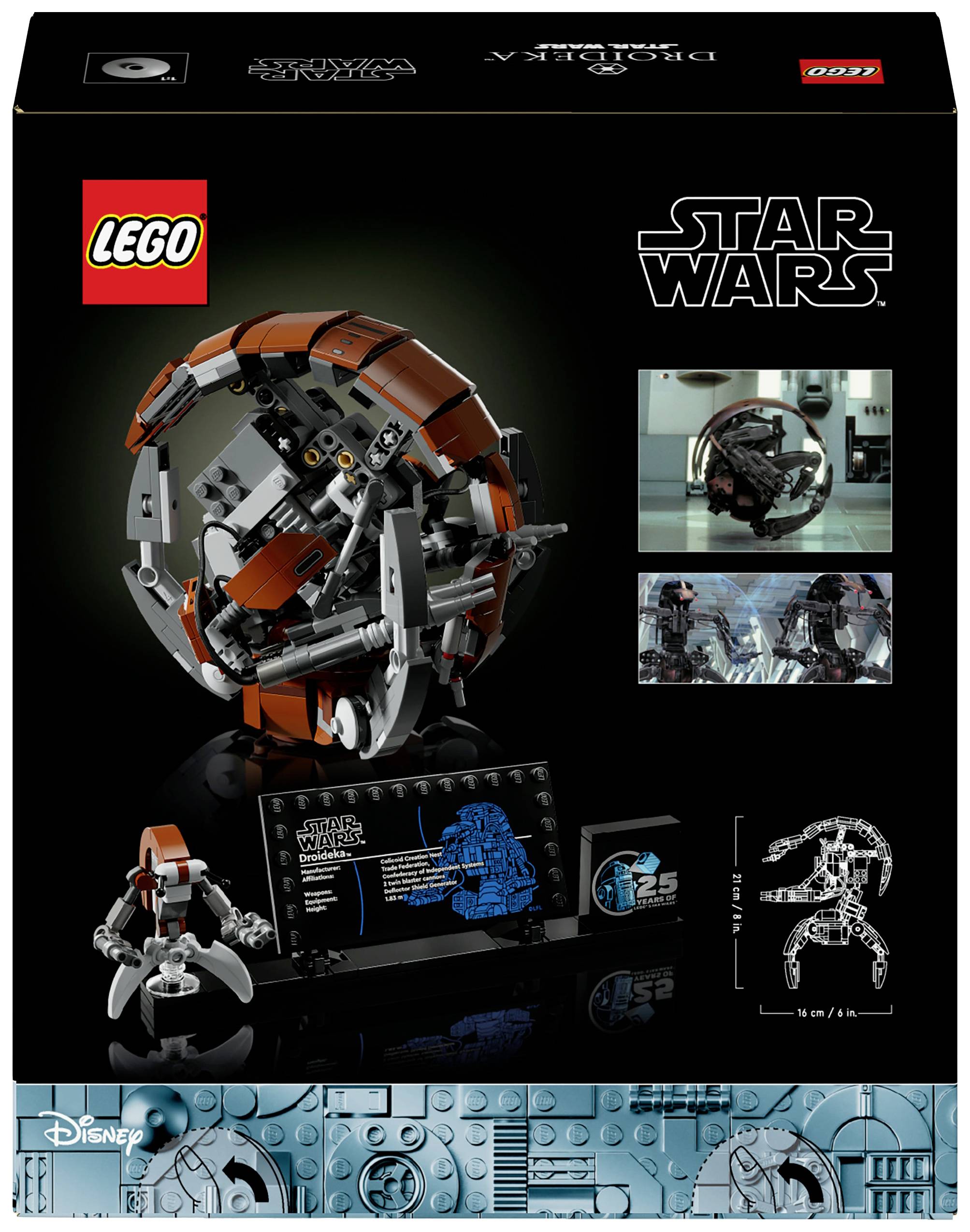 LEGO 'Star Wars' Bausatz-Verpackung mit einem drehbaren Droideka-Modell, passenden Bildern und Informationen über das Set.