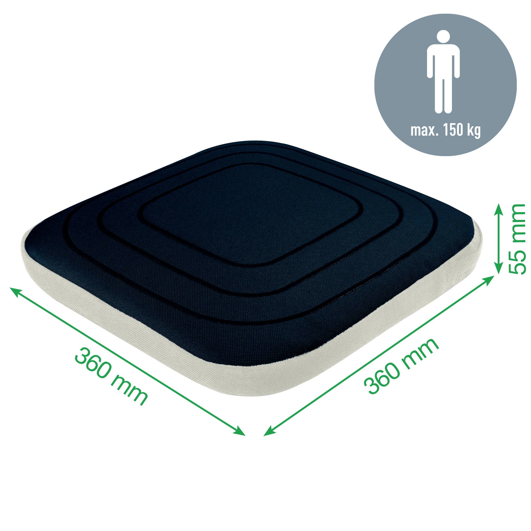 Quadratisches Sitzkissen mit den Maßen 360 mm x 360 mm x 55 mm. Geeignet für Personen bis maximal 150 kg.