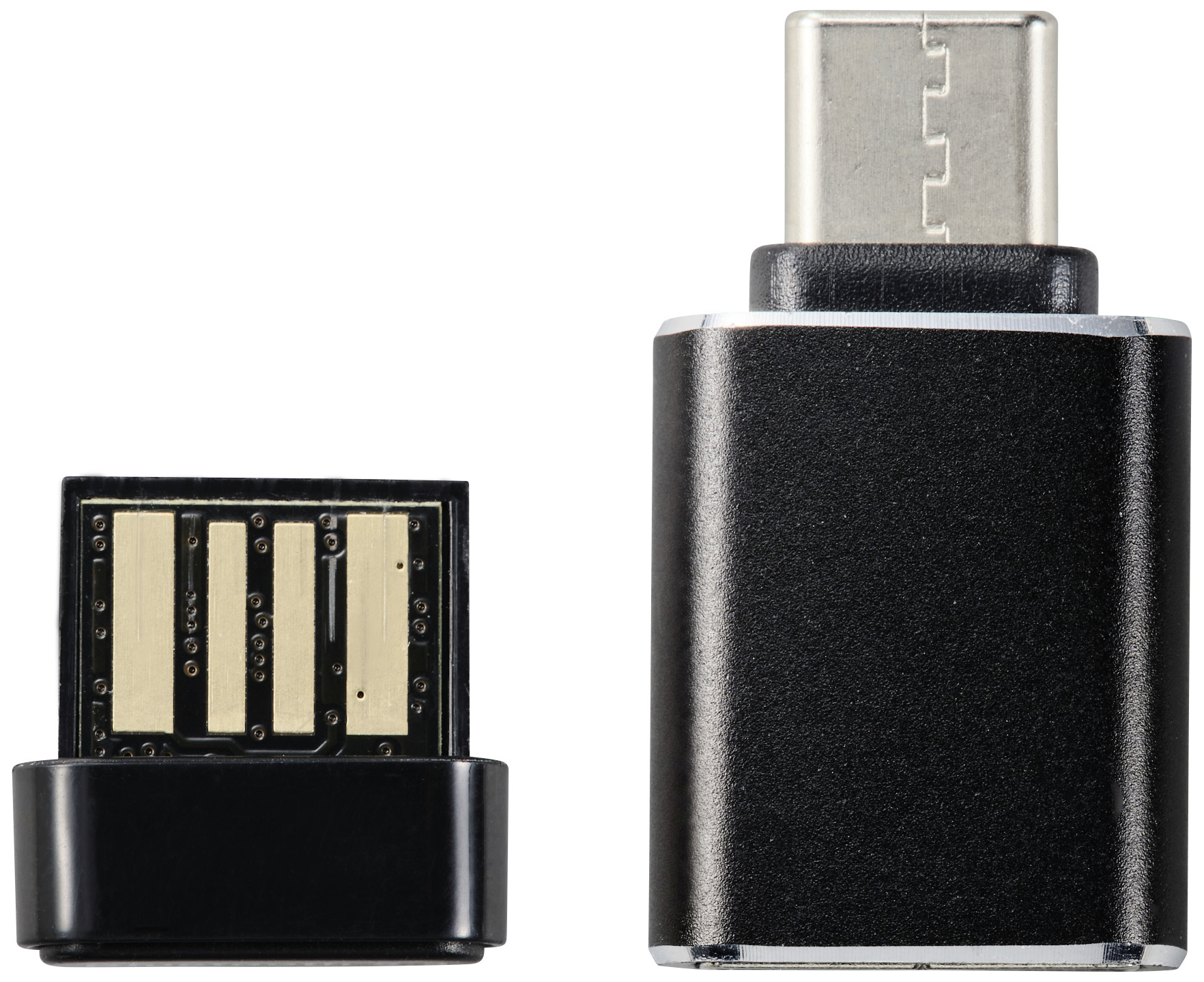 'USB-C zu USB-A Adapter' in Schwarz, zeigt Vorder- und Rückseite. Wandelt USB-C-Port in USB-A um, ideal für Geräteverbindungen.