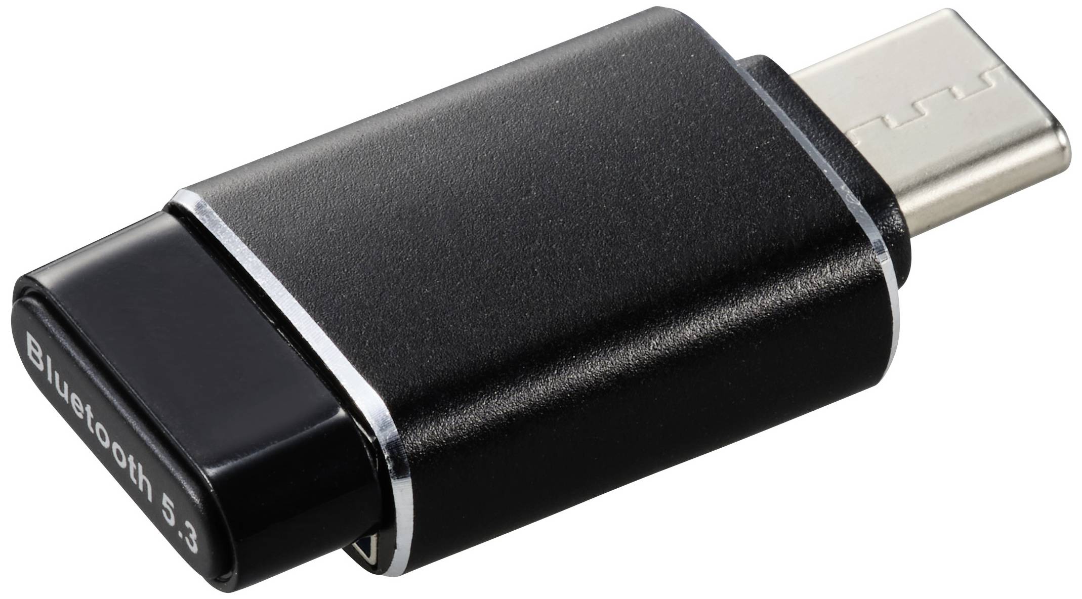 Ein schwarzer USB-C-Bluetooth-Adapter mit der Aufschrift 'Bluetooth 5.3', geeignet zum Verbinden von Geräten drahtlos über Bluetooth.