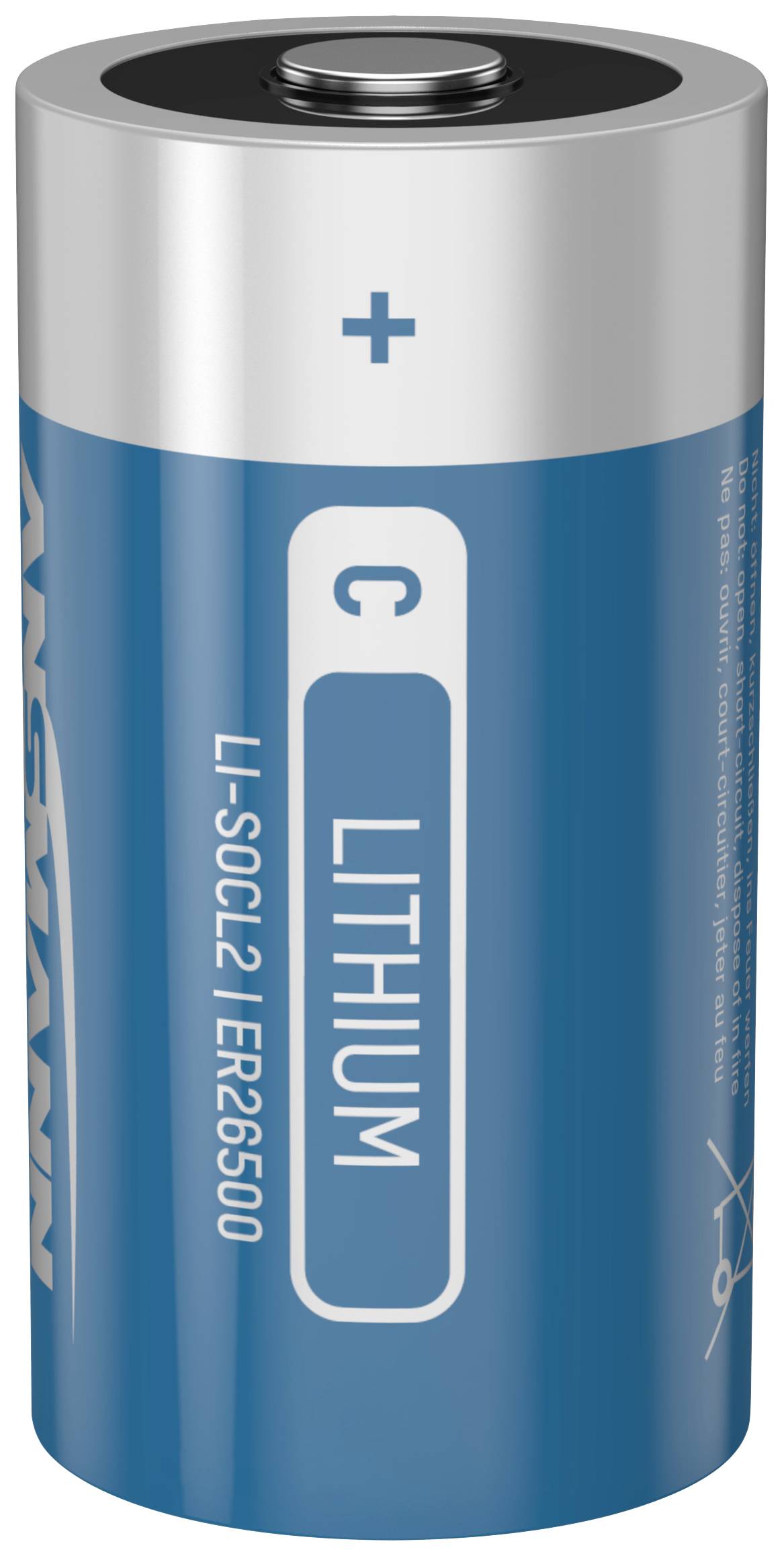 Lithium-Batterie mit blauer Hülle, Aufschrift 'Lithium' und Pluspolkennzeichnung oben.