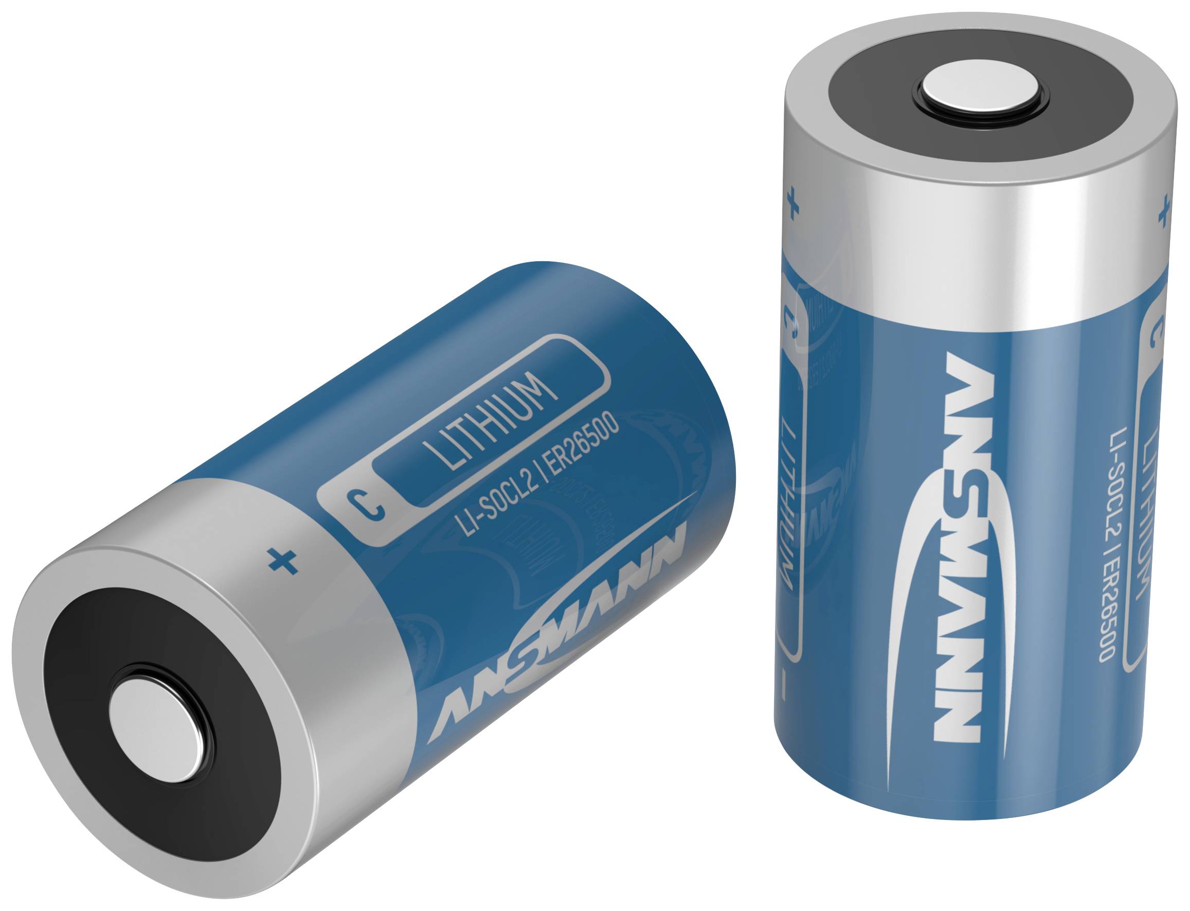 Zwei blaue Lithium-Batterien der Größe C mit der Aufschrift 'ANSMANN'. Eine steht aufrecht, die andere liegt seitlich.