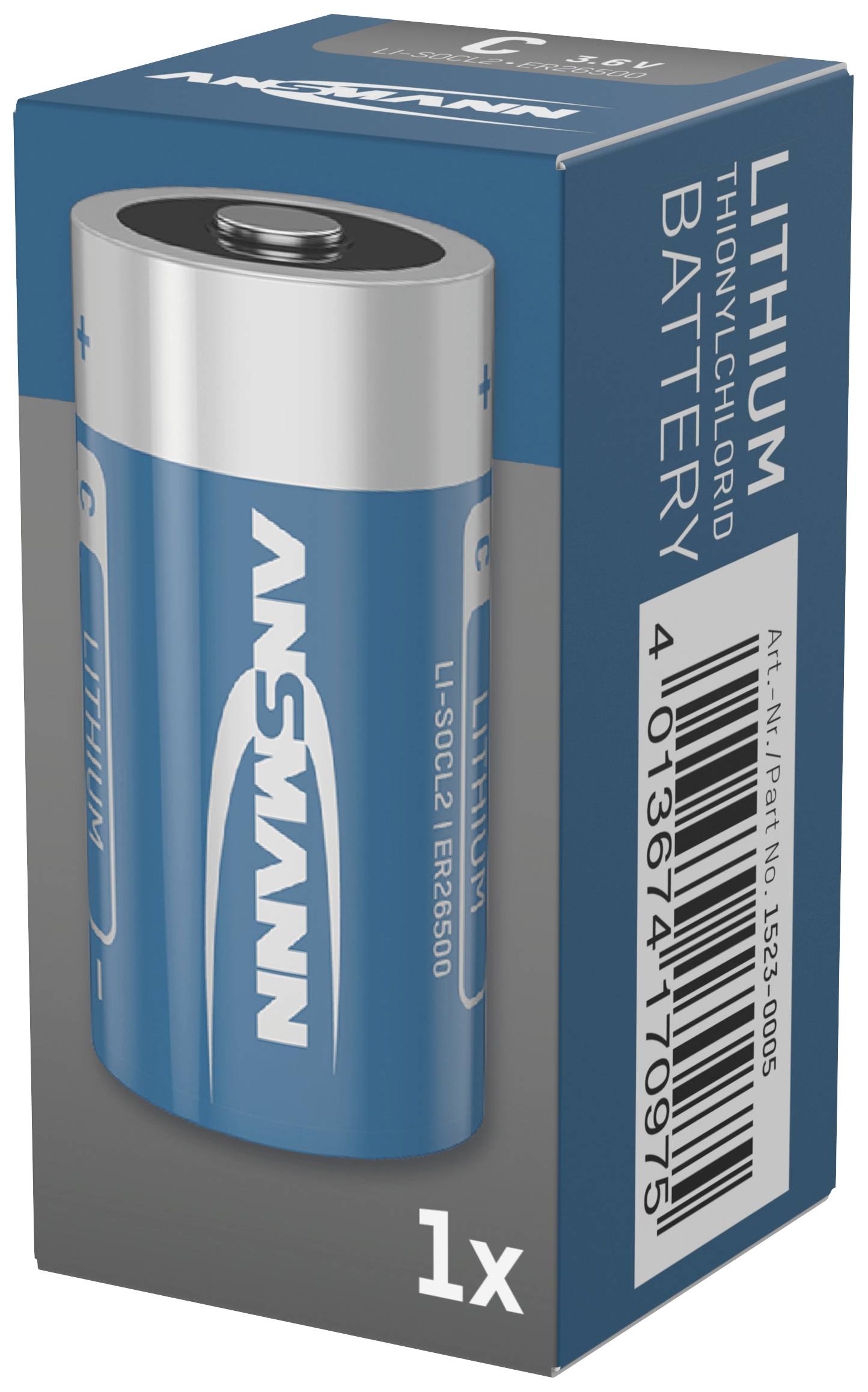 Lithium-Batterie in blauem Karton abgebildet. Etikett zeigt 'ANSMANN', Produktdetails und Barcode. Verpackung ist für einzelne Batterie.