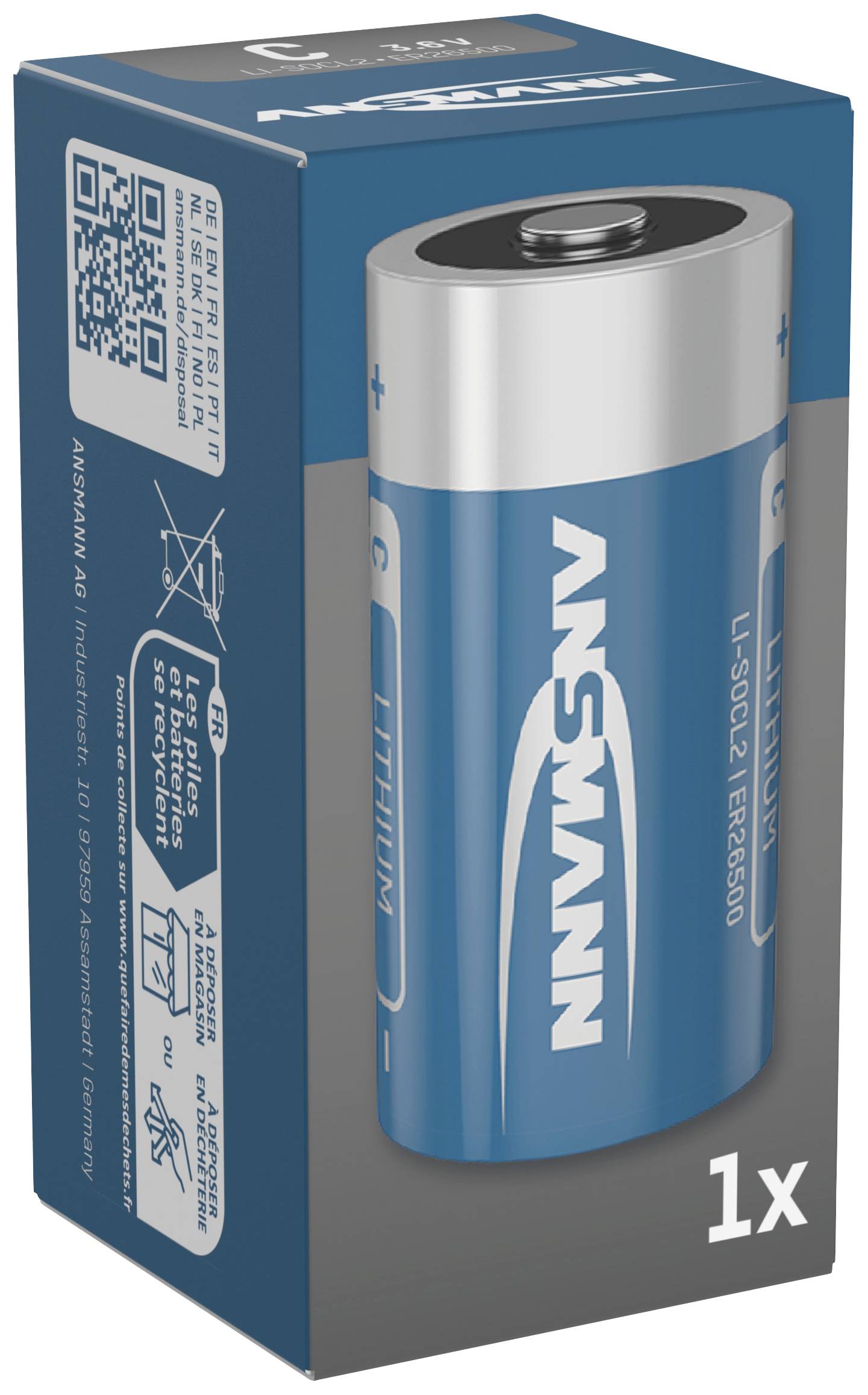 Batterieverpackung mit einer blauen Lithiumbatterie der Marke Ansmann, Größe C, Modell LI-SOCl2 ER26500, aufgestellt aufrecht in der Box.