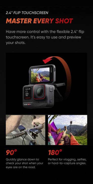 Kamera mit 2,4-Zoll-Flip-Touchscreen. Zwei Ansichtsmodi: 90°-Schwenk für schnelle Kontrolle, 180°-Drehung ideal für VLogging und Selfies.